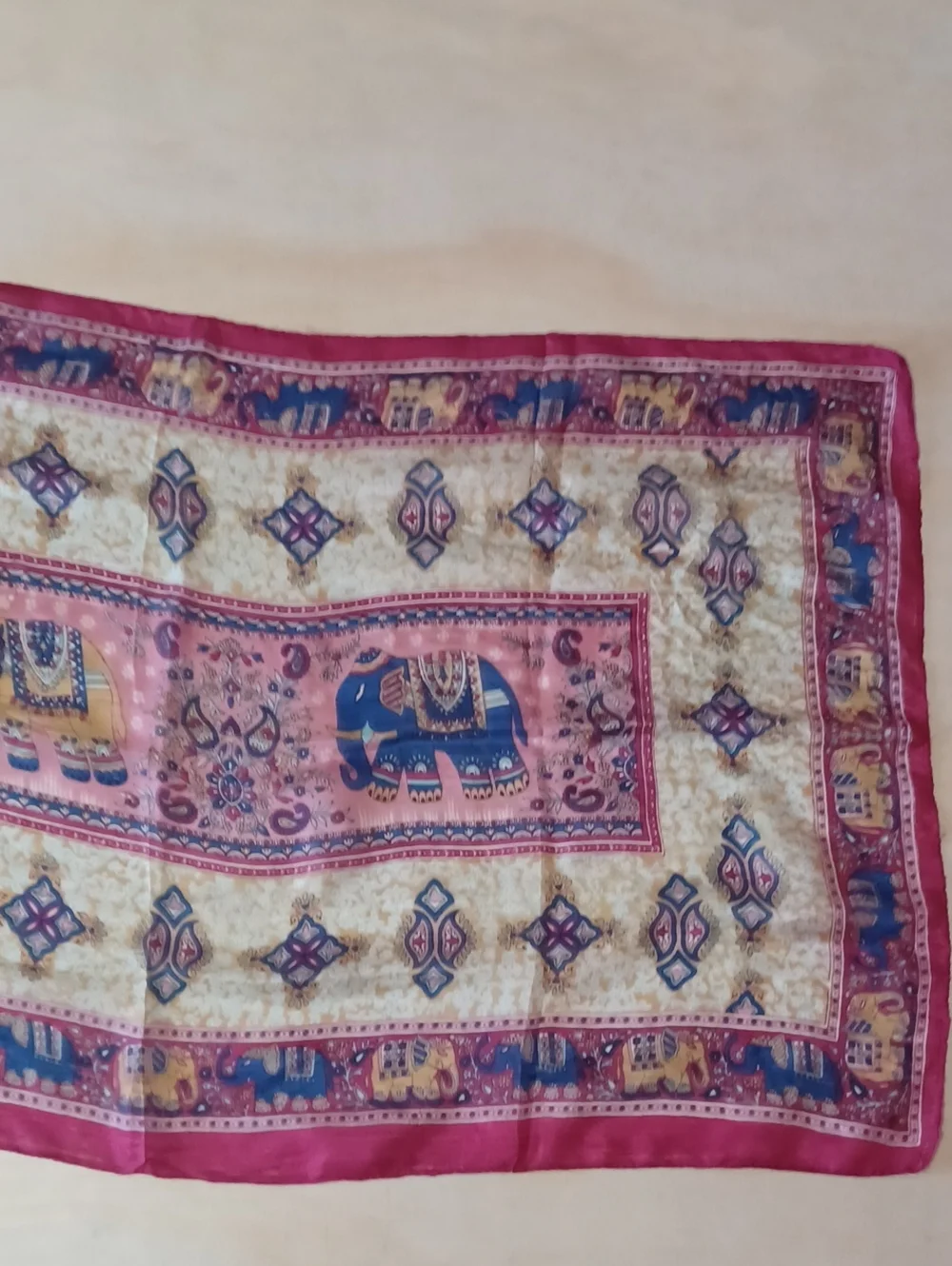 Vintage India Elephant Camel Paisley Scarf Silk Feel Oblong Boho Wrap Appx 68×19